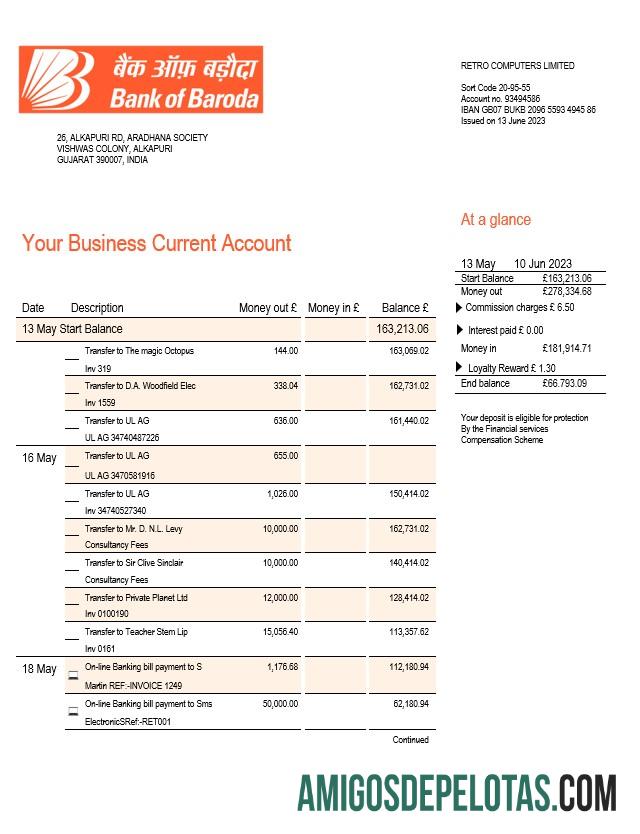 Imprimível Bank Of Baroda Company Extrato de conta corrente modelo Word e PDF